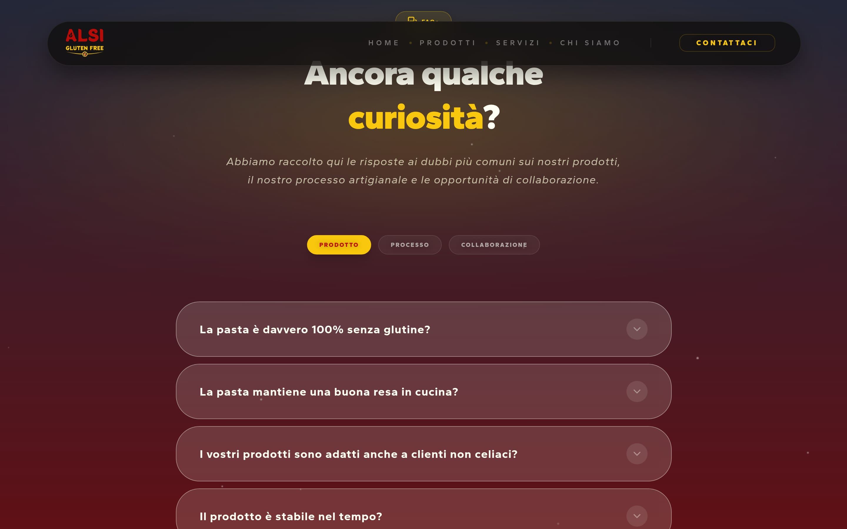La sezione delle domande frequenti, «Ancora qualche curiosità?», con tre schede (Prodotto, Processo, Collaborazione) e le domande in fisarmonica su fondo rosso scuro