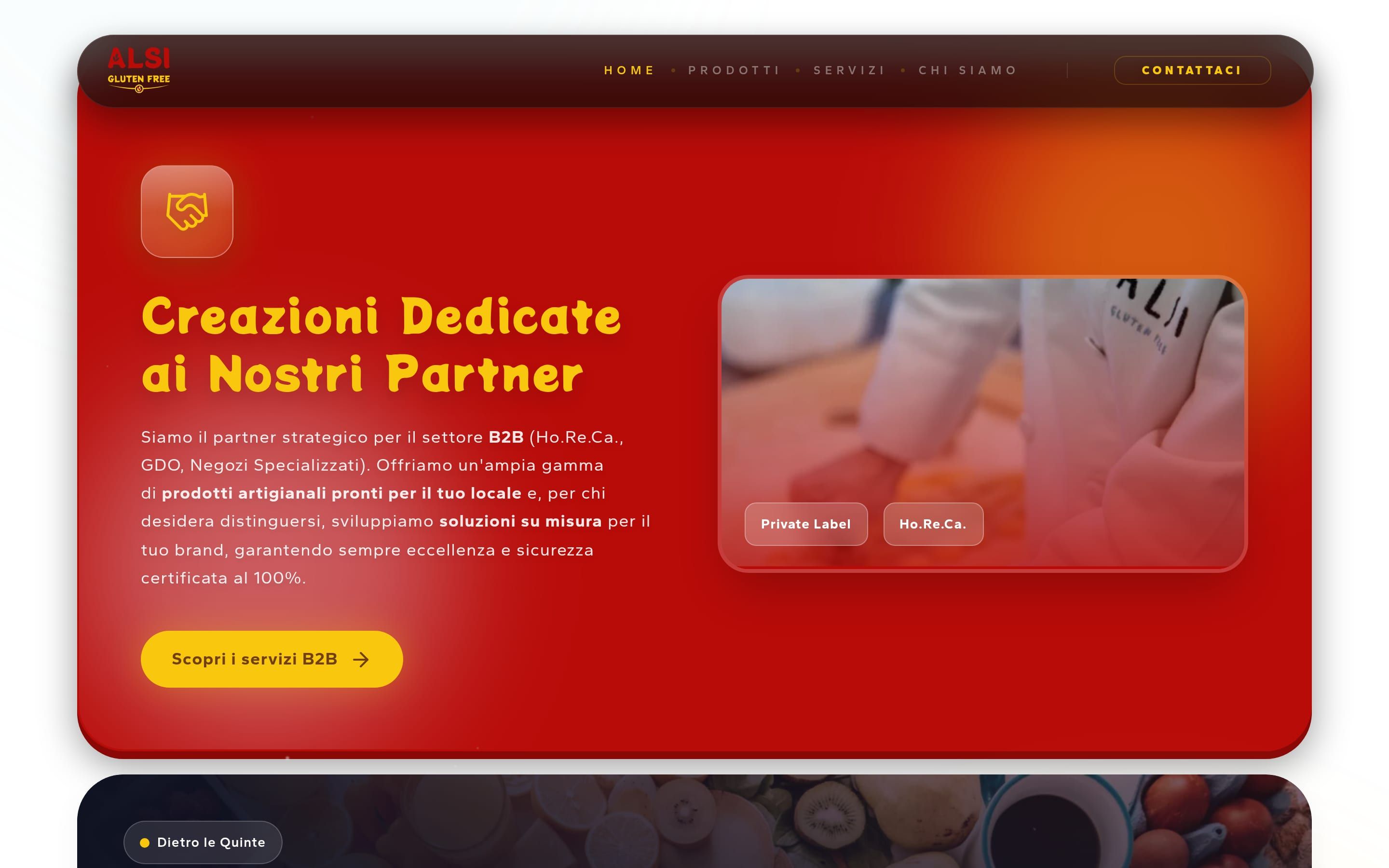 La sezione «Creazioni Dedicate ai Nostri Partner»: una card rossa che presenta l’offerta B2B per ristoranti, GDO e negozi specializzati, con le etichette Private Label e Ho.Re.Ca.