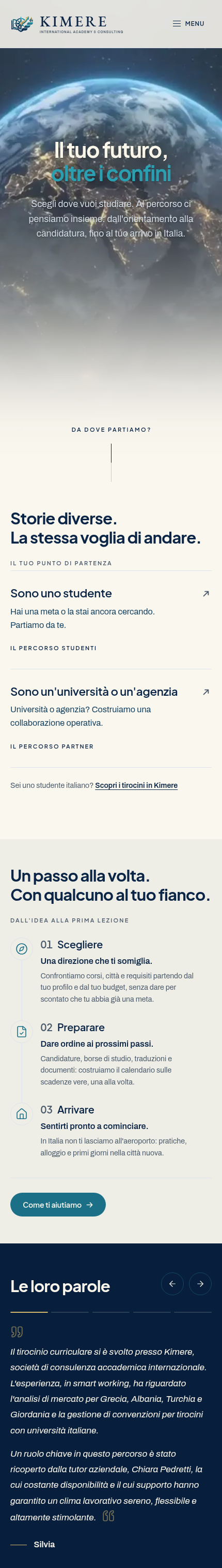 Il sito di Kimere: la hero «Il tuo futuro, oltre i confini» con la Terra, le due porte d’ingresso per studenti e università e i tre passi del percorso
