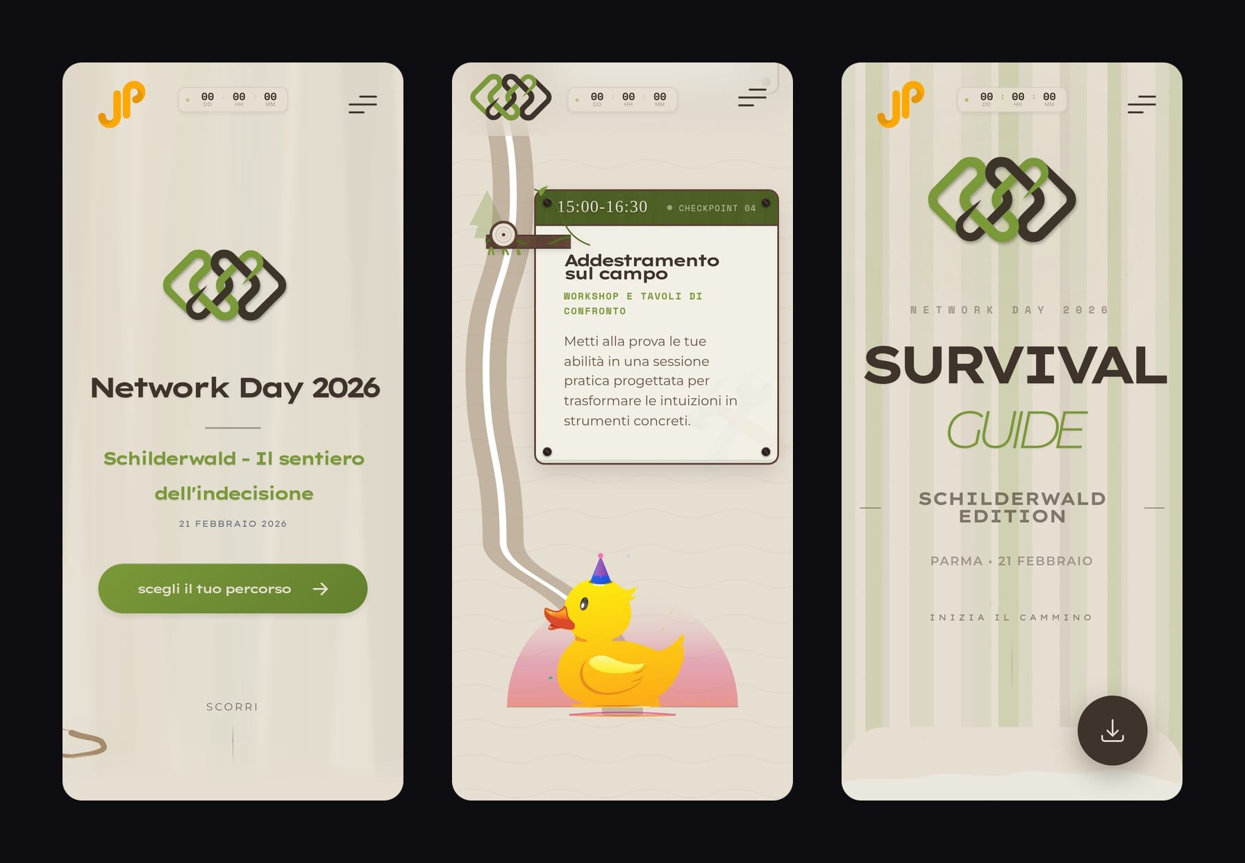 Tre schermate del sito su telefono: la home dell’evento, la fine del sentiero con la paperella e la copertina della Survival Guide