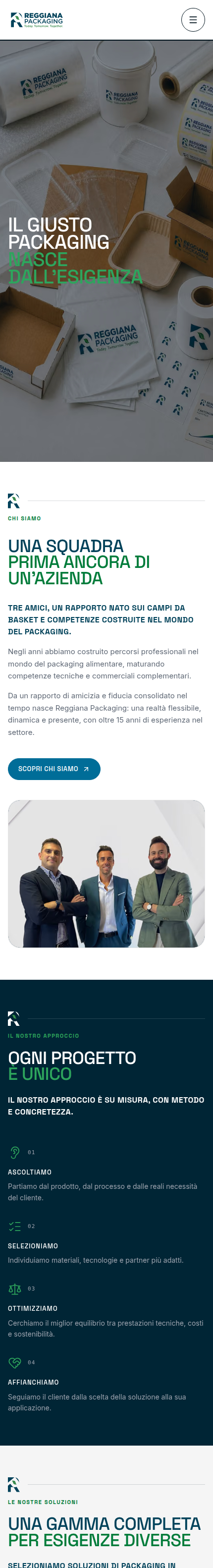 Il sito di Reggiana Packaging: la hero «Il giusto packaging nasce dall’esigenza», la squadra dei tre fondatori e il metodo in quattro passi